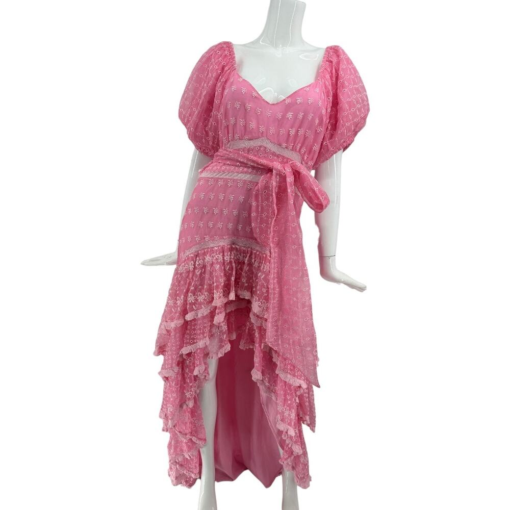 LoveShackFancy Silk Embroidered Ruffle Cayden Hi-Low Dress Pink Women's Size 6